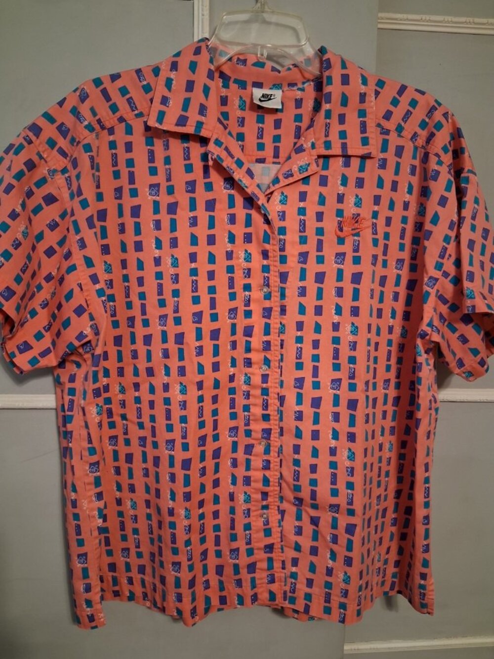 Vintage Nike Shirt Pink w/Geometric Blue & Purple Shapes Unisex Button Up M/L